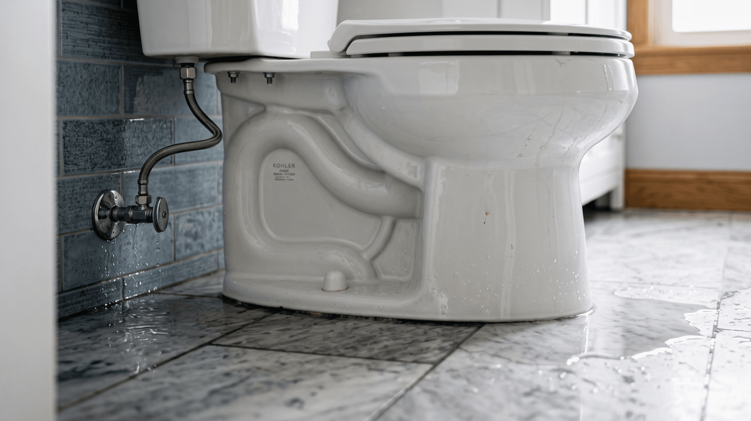 a white toilet with a water leak Pooling on a marble bathroom tile floor, illustrating how to spot early signs of plumbing issues.