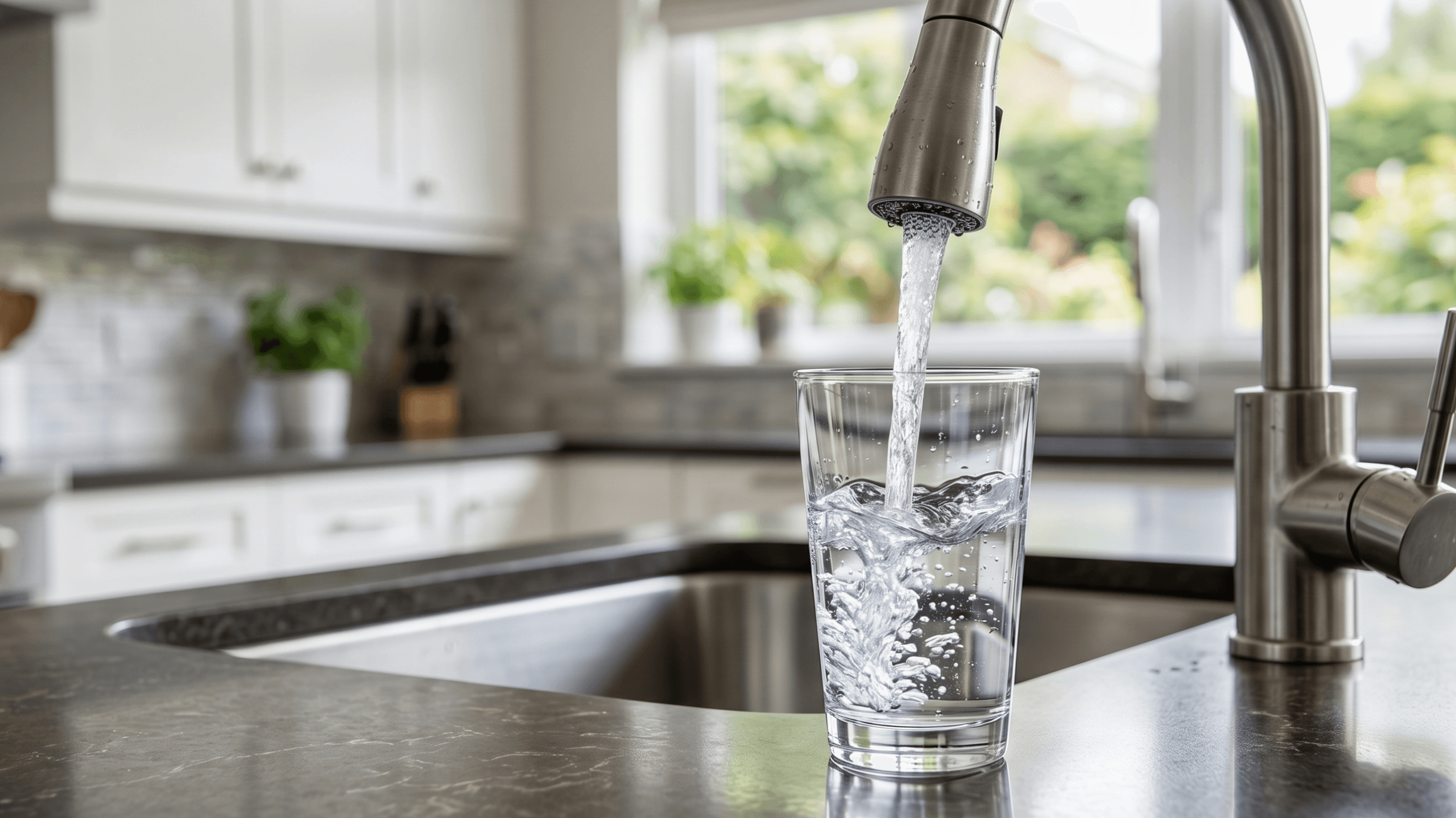 a flowing kitchen tap dispensing a clear stream of water, highlighting potential micro-particles and natural imperfections under natural light. The background features a clean kitchen environment with stone countertops and stainless steel fixtures.
