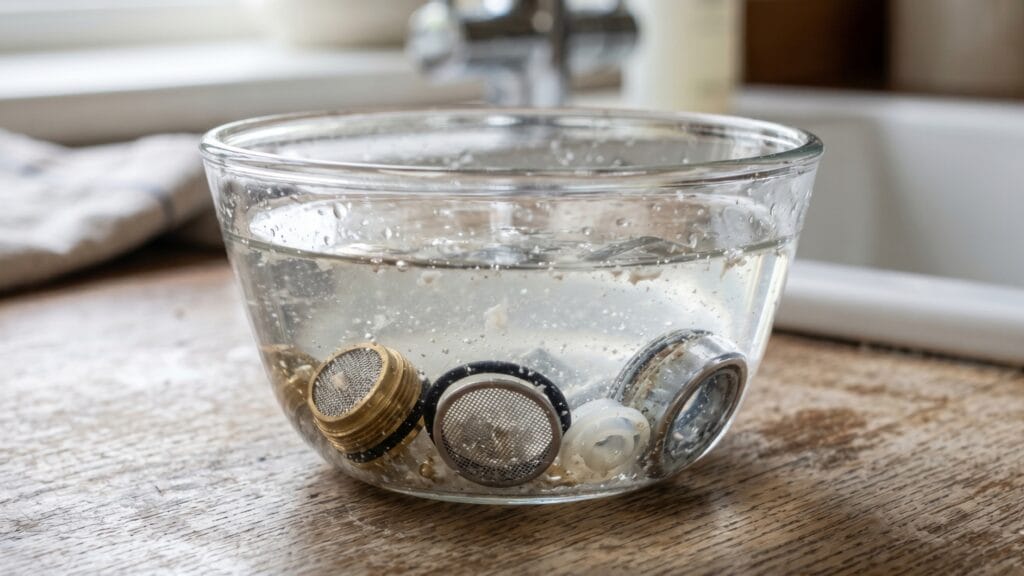 A photograph of dismantled brass and mesh faucet aerator parts submerged in a clear glass bowl filled with white vinegar, with hard water mineral deposits dissolving and floating in the liquid.