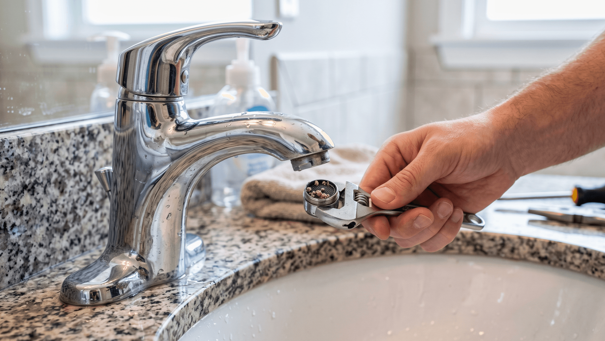 a person unscrewing and cleaning a clogged faucet aerator to fix low water pressure issues in a bathroom sink.