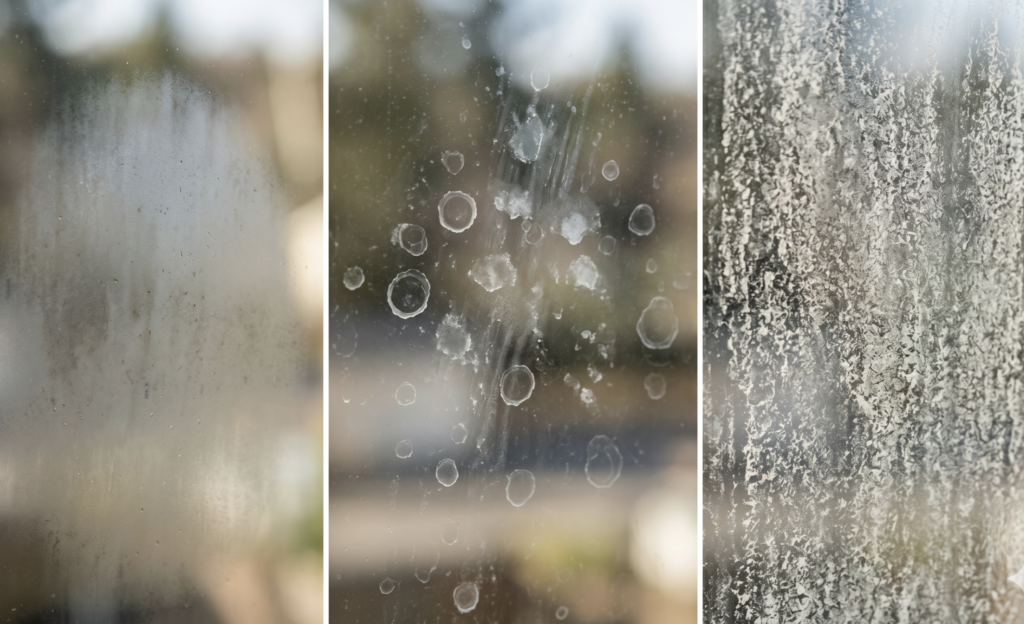 Light moderate and severe hard water spots on window glass