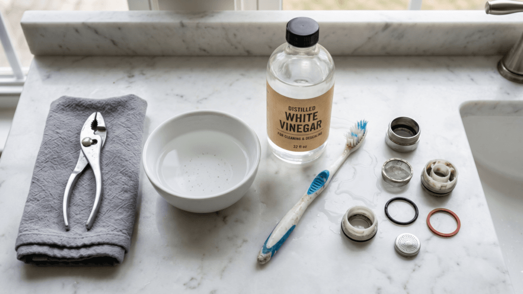 Flat lay of tools for cleaning a faucet aerator including white vinegar, pliers on a cloth, a toothbrush, and disassembled aerator parts on a marble countertop.