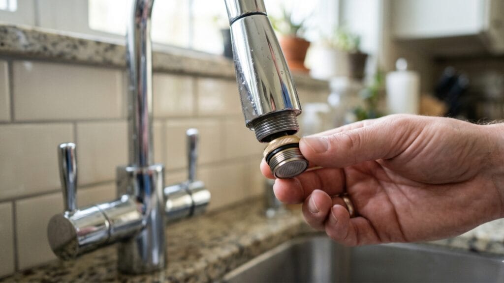 a hand unscrewing a metal faucet aerator from a kitchen sink spout for cleaning and maintenance.