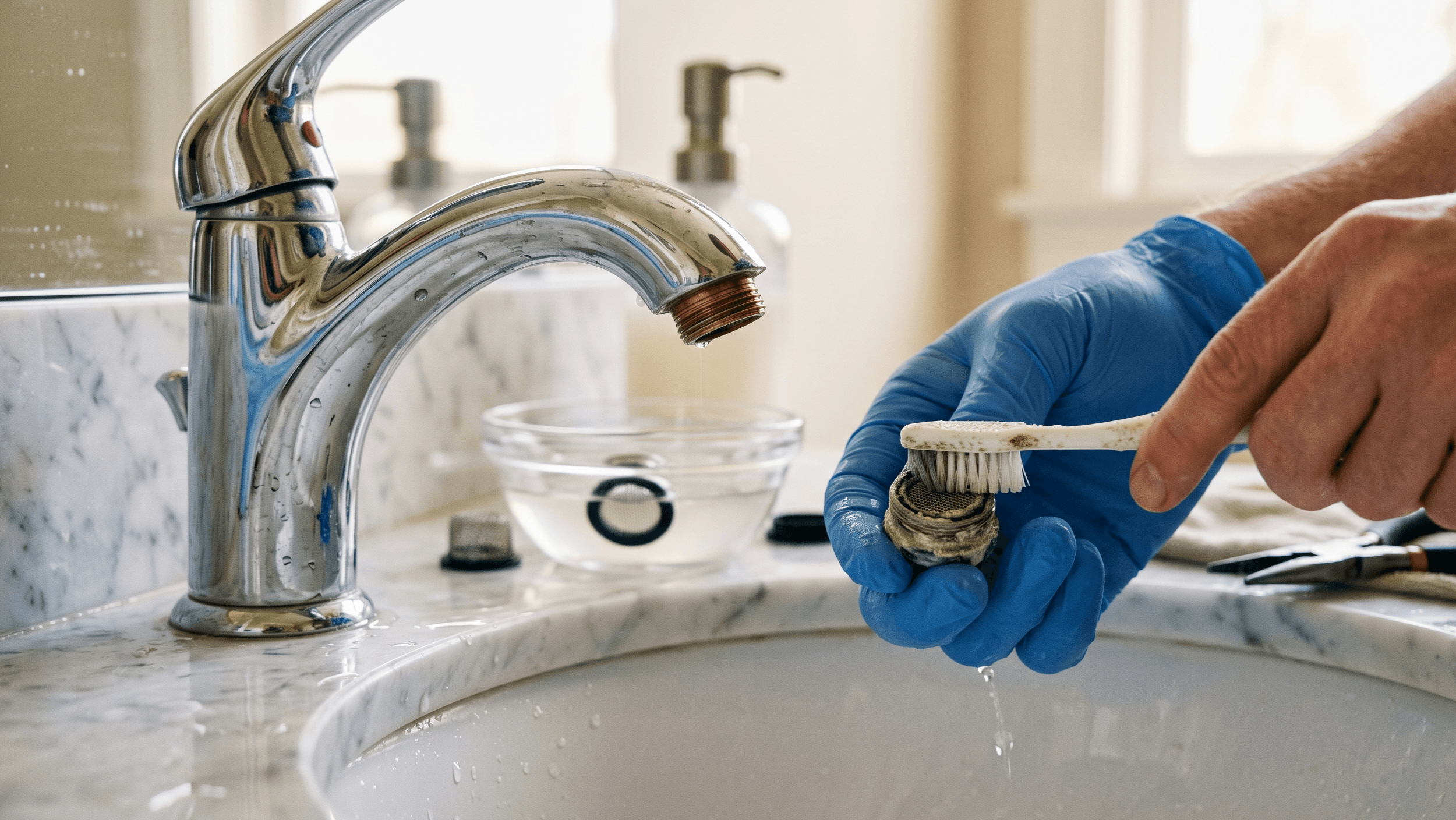 a person with blue gloves using a toothbrush to clean calcium buildup from a stuck faucet aerator over a bathroom sink, illustrating maintenance steps.