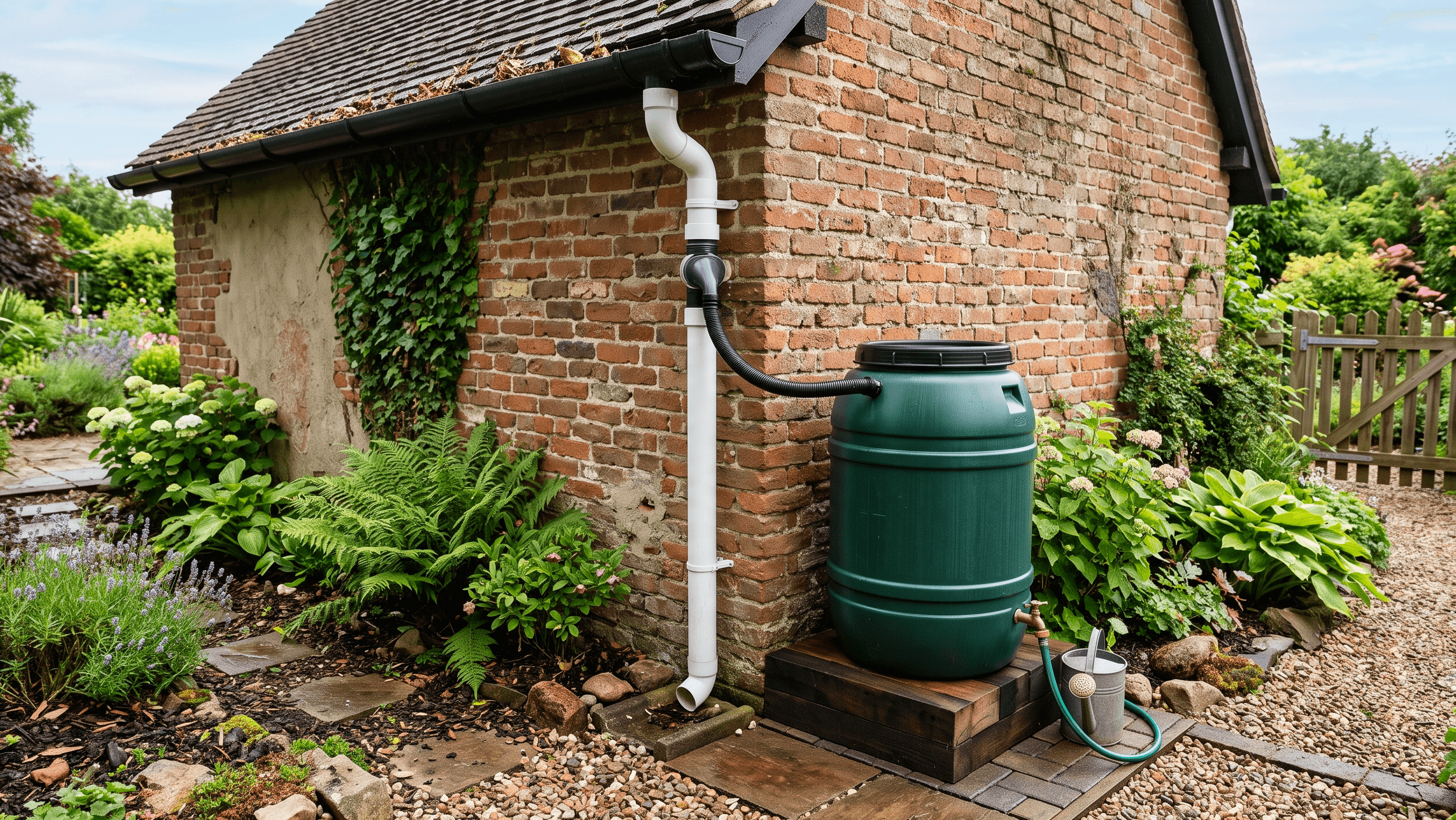 a green rain barrel harvesting system installed on a brick cottage wall, connected to a white downspout in a lush flowering garden.