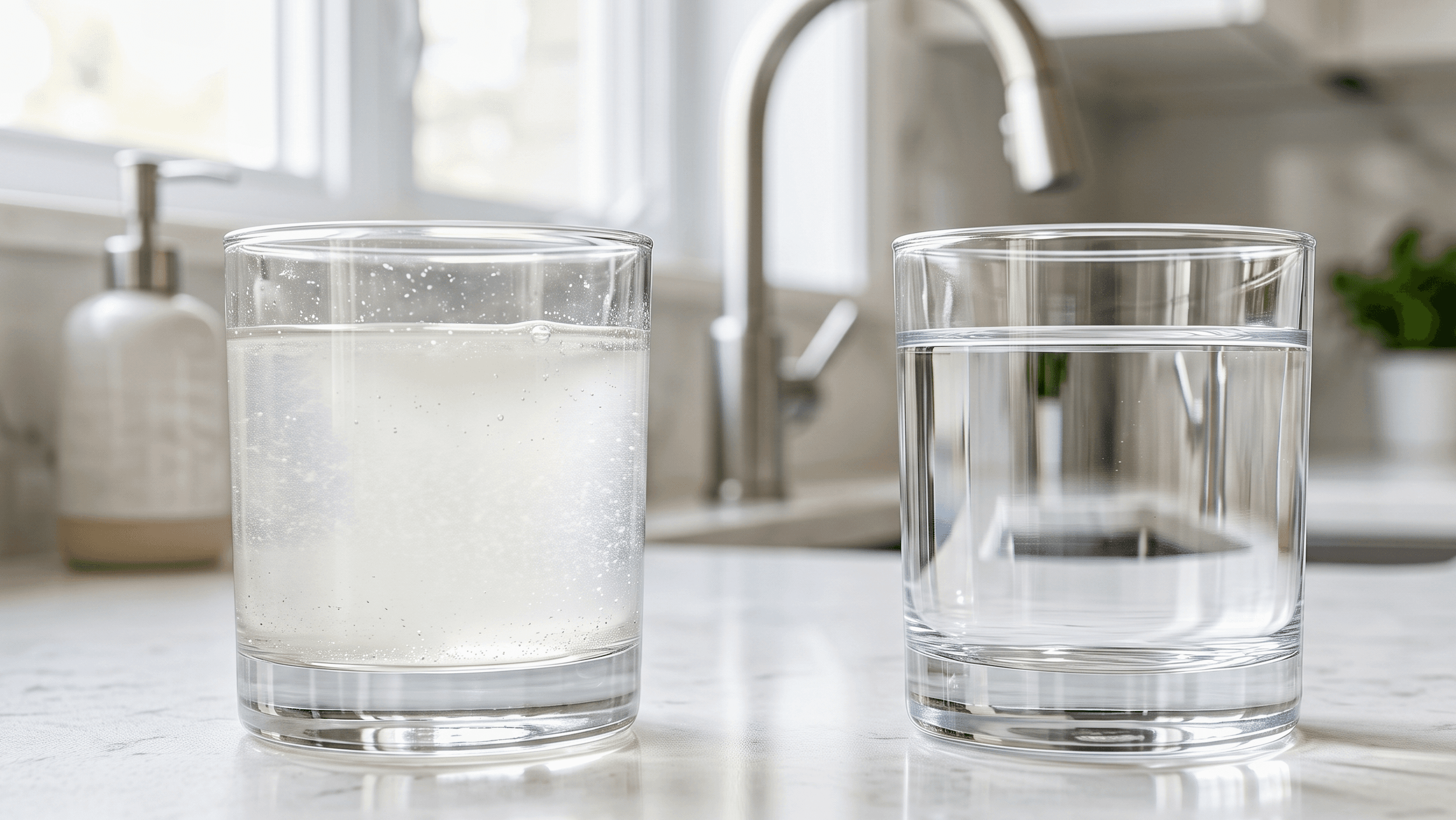 A split visual comparison of two clean glasses: the left glass is filled with cloudy, milky water, while the right glass holds perfectly clear, sparkling tap water on a modern kitchen counter.