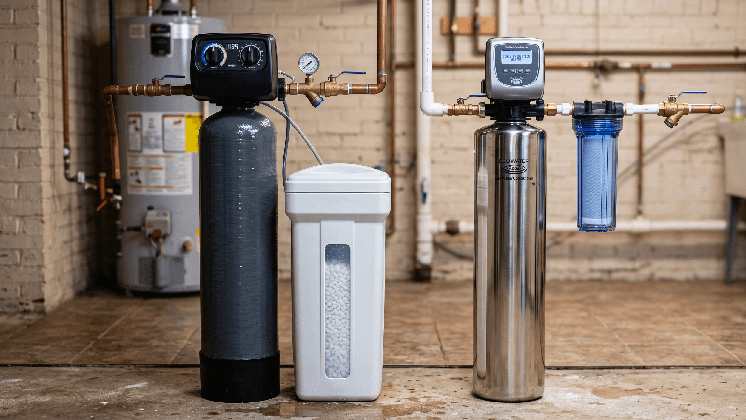 A home water filtration setup showing the difference between a water softener system with a salt brine tank and a salt-free water conditioning unit.