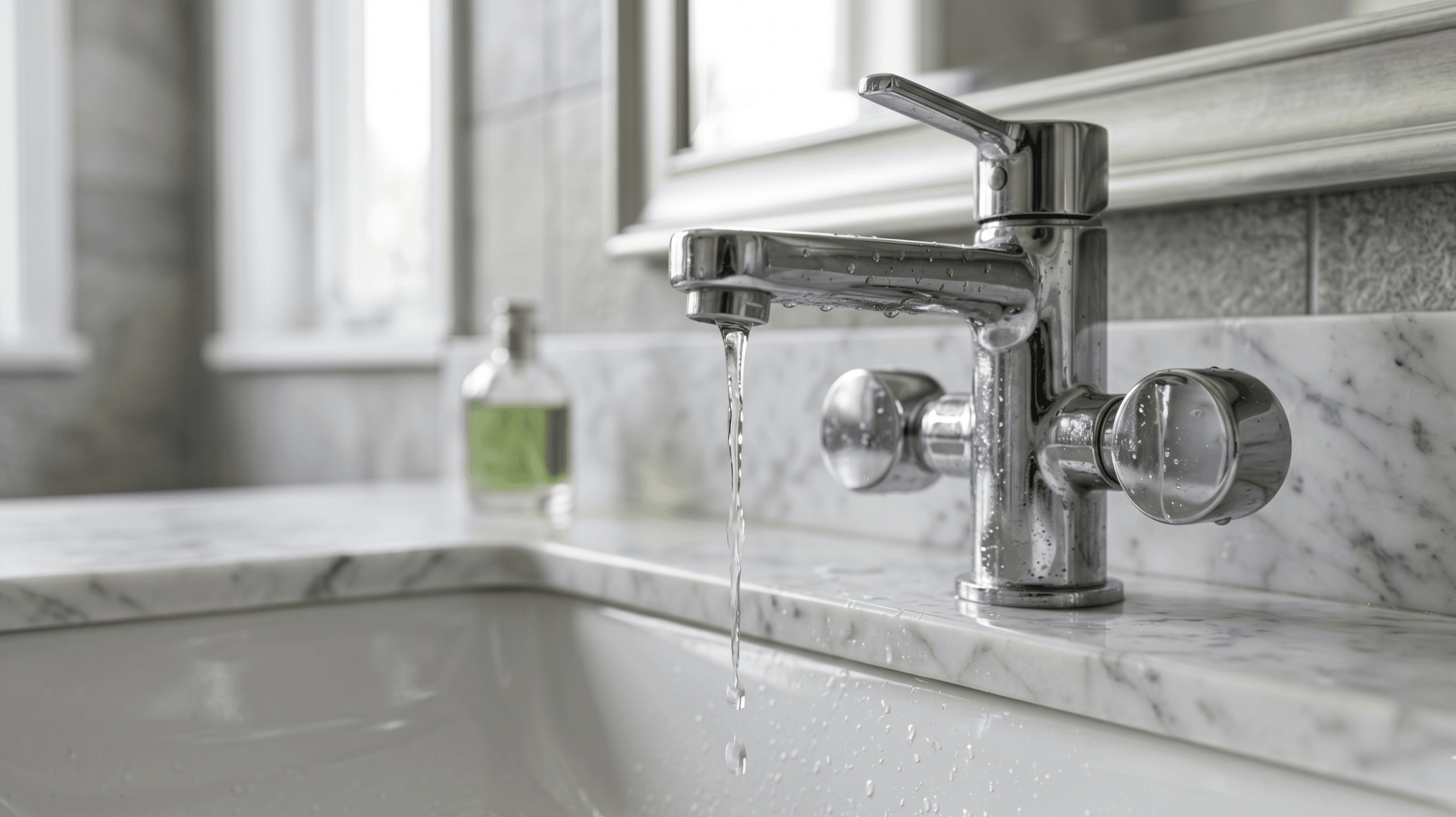 A view of a luxury bathroom vanity where the right chrome faucet knob (the hot side) has only a low, thin, weak trickle of water flowing, while the left (cold side) is dry. The hot tap shows visible mineral corrosion, emphasizing the cause of the problem. Natural daylight illuminates the marble countertop and backsplash.