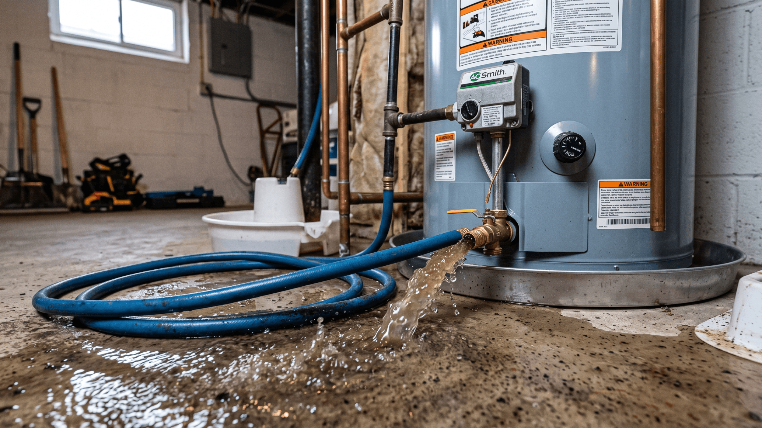 A hose drains sediment-filled water onto a basement floor, illustrating how to flush a water heater for maintenance and performance.