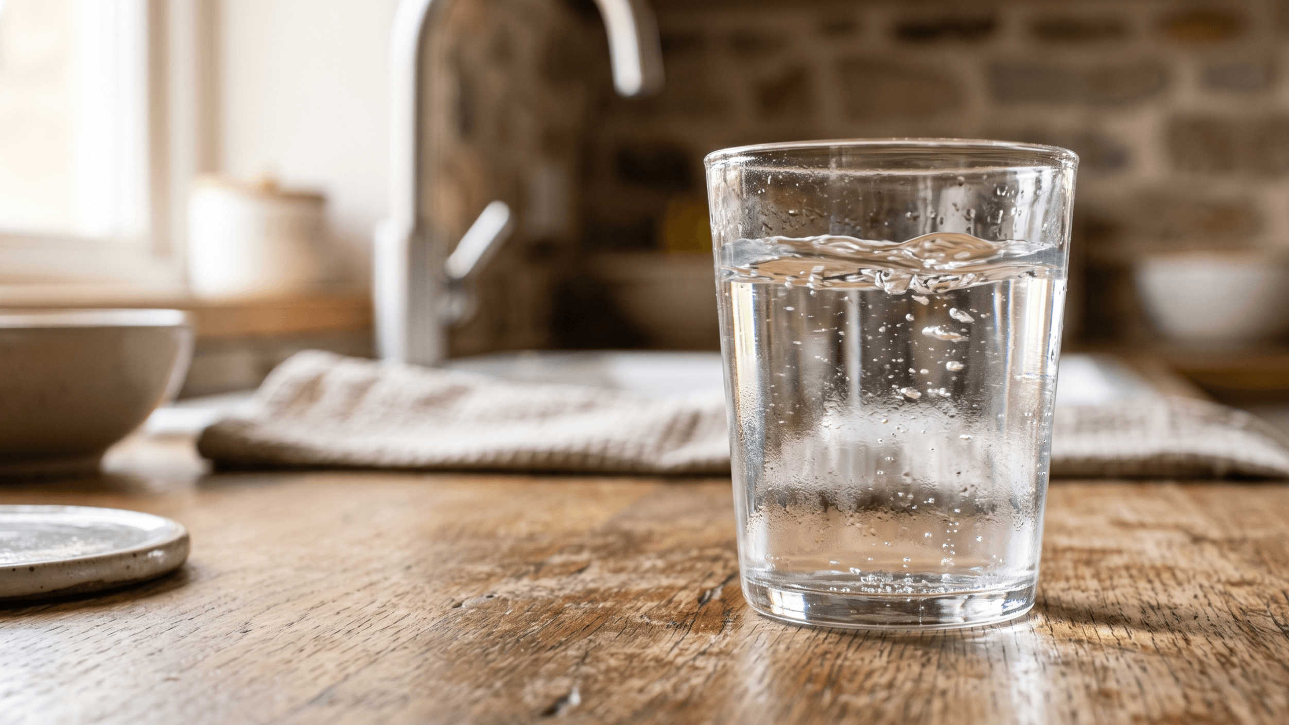 a clear glass filled with fresh tap water, illuminated by warm evening light. The realistic composition features subtle condensation on the glass and the reflection of a kitchen environment, without any text or people.