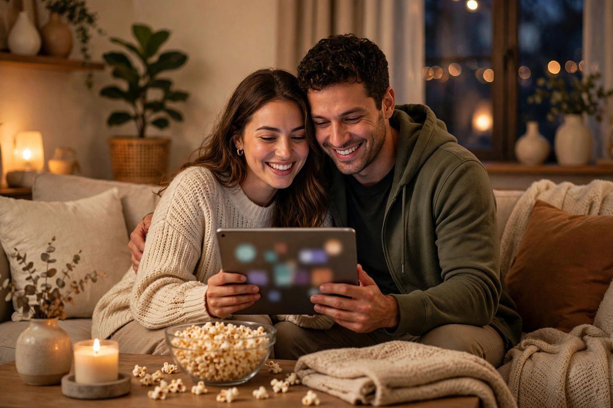A couple taking a fun personality quiz together on the couch