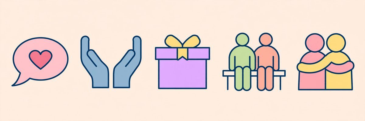 Illustrated icons of the five love languages: words, service, gifts, time, and touch