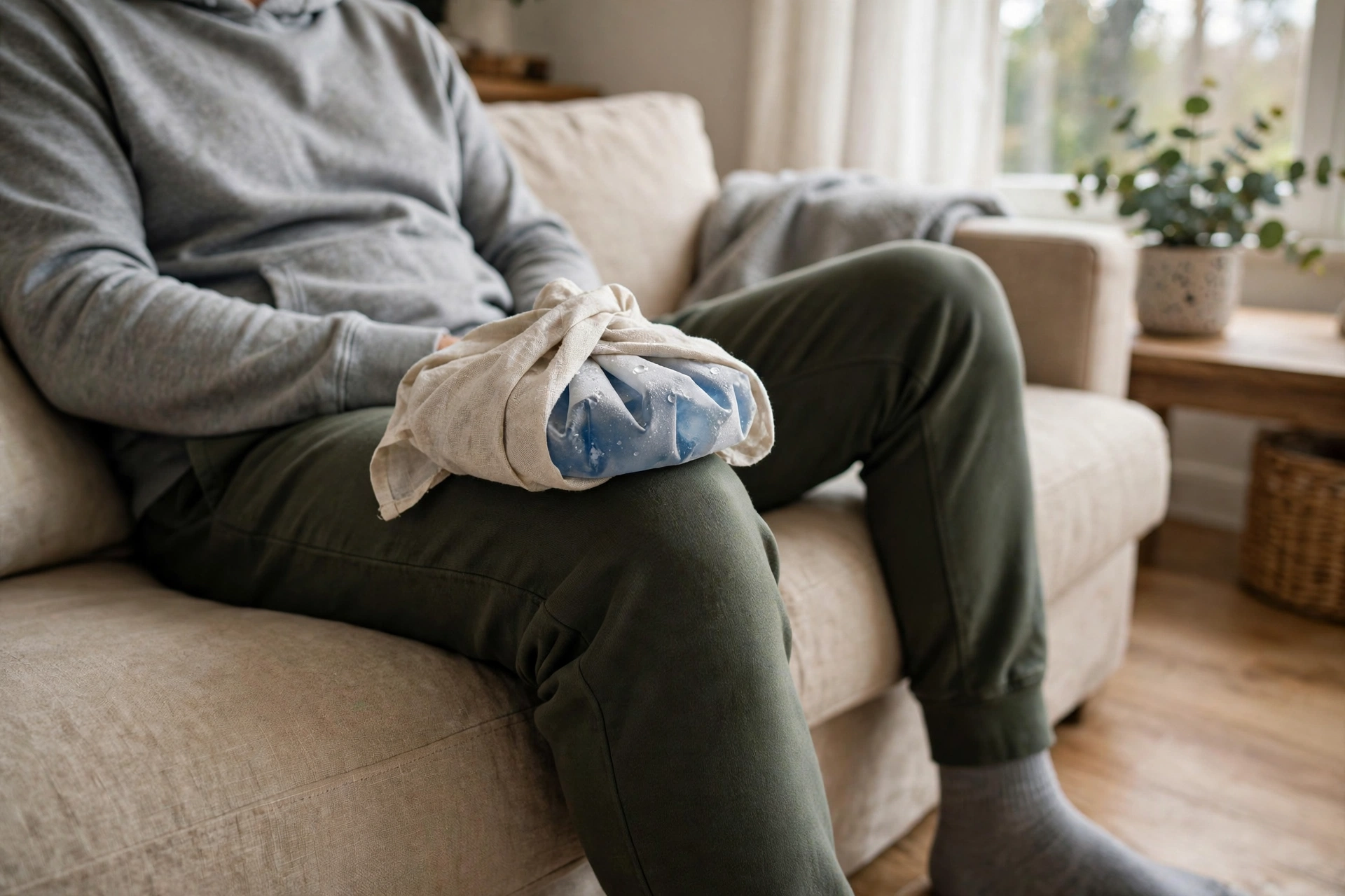 Knee Pain Relief (2026 Guide): Practical Ways to Ease Achy Knees 1 Ice pack wrapped in cloth resting on a person's knee while they sit on a sofa