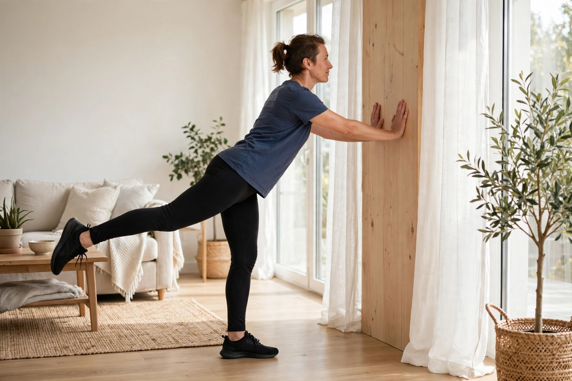 Knee Pain Relief (2026 Guide): Practical Ways to Ease Achy Knees 2 Person doing a gentle low-impact standing stretch at home with hands on a wall for balance