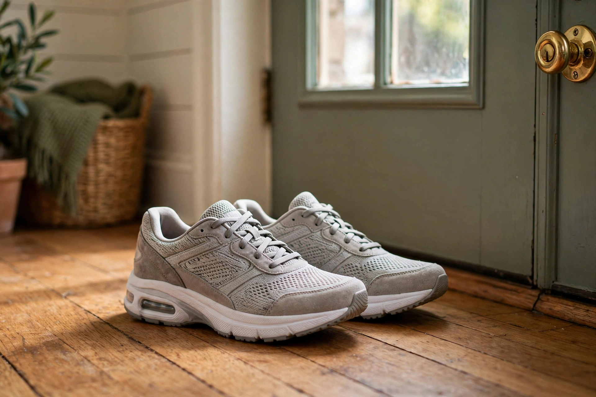 Knee Pain Relief (2026 Guide): Practical Ways to Ease Achy Knees 3 Comfortable supportive athletic shoes with cushioned soles by a front door