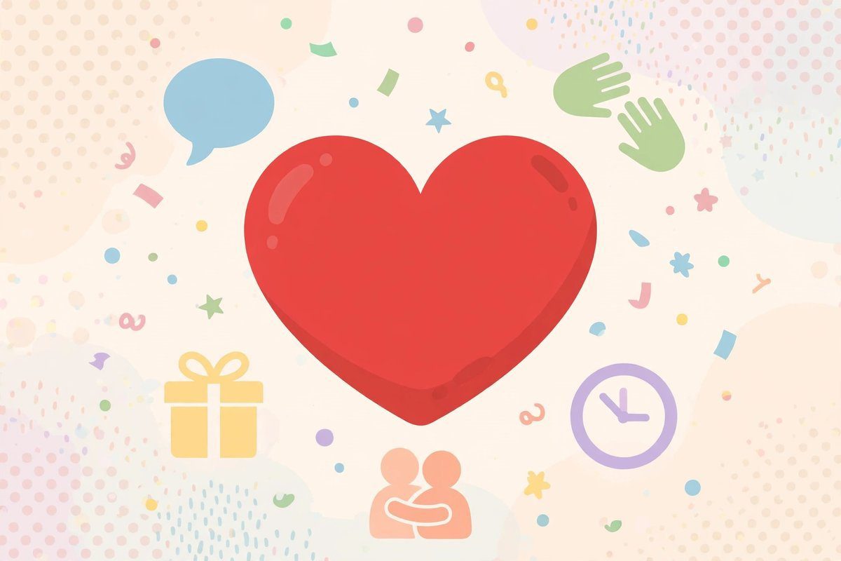 A heart surrounded by love language icons representing quiz results