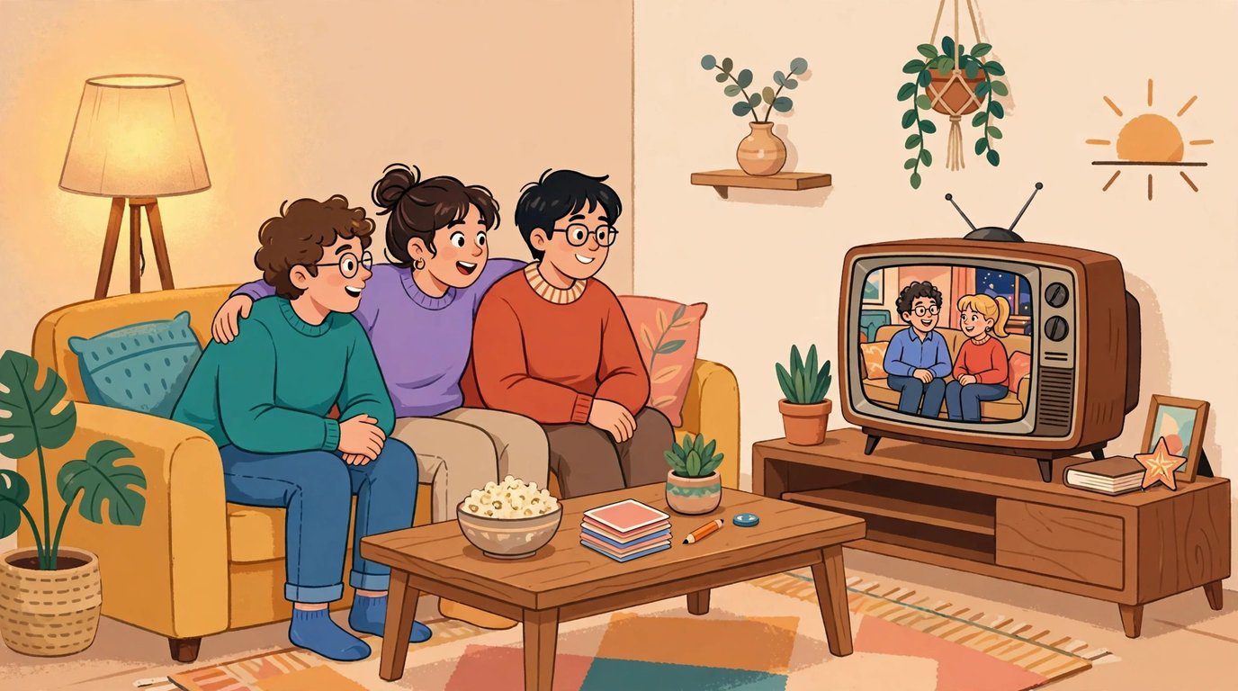 Friends enjoying a cozy TV quiz night with quiz cards and popcorn on the table