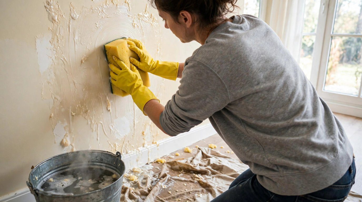 Washing sticky wallpaper glue residue off a wall with a sponge and hot water