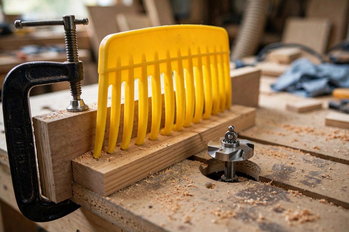 A featherboard pressing a board against the router table fence next to the bit