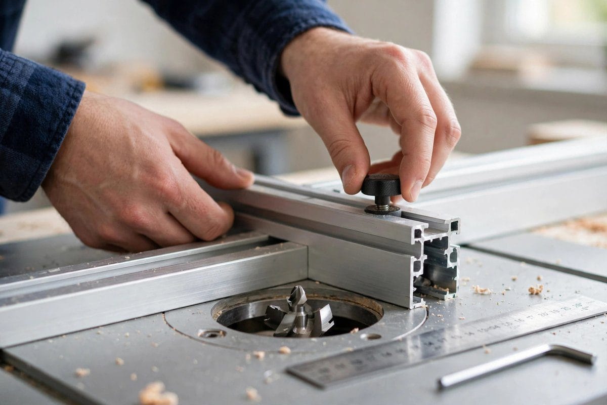 Hands adjusting the fence on a router table before making a cut