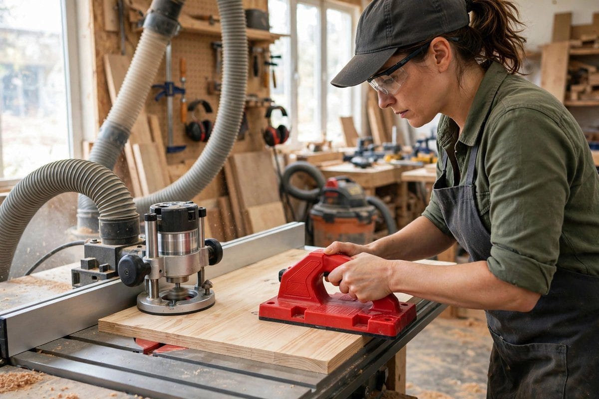 A woodworker using a push block to feed wood safely across a router table