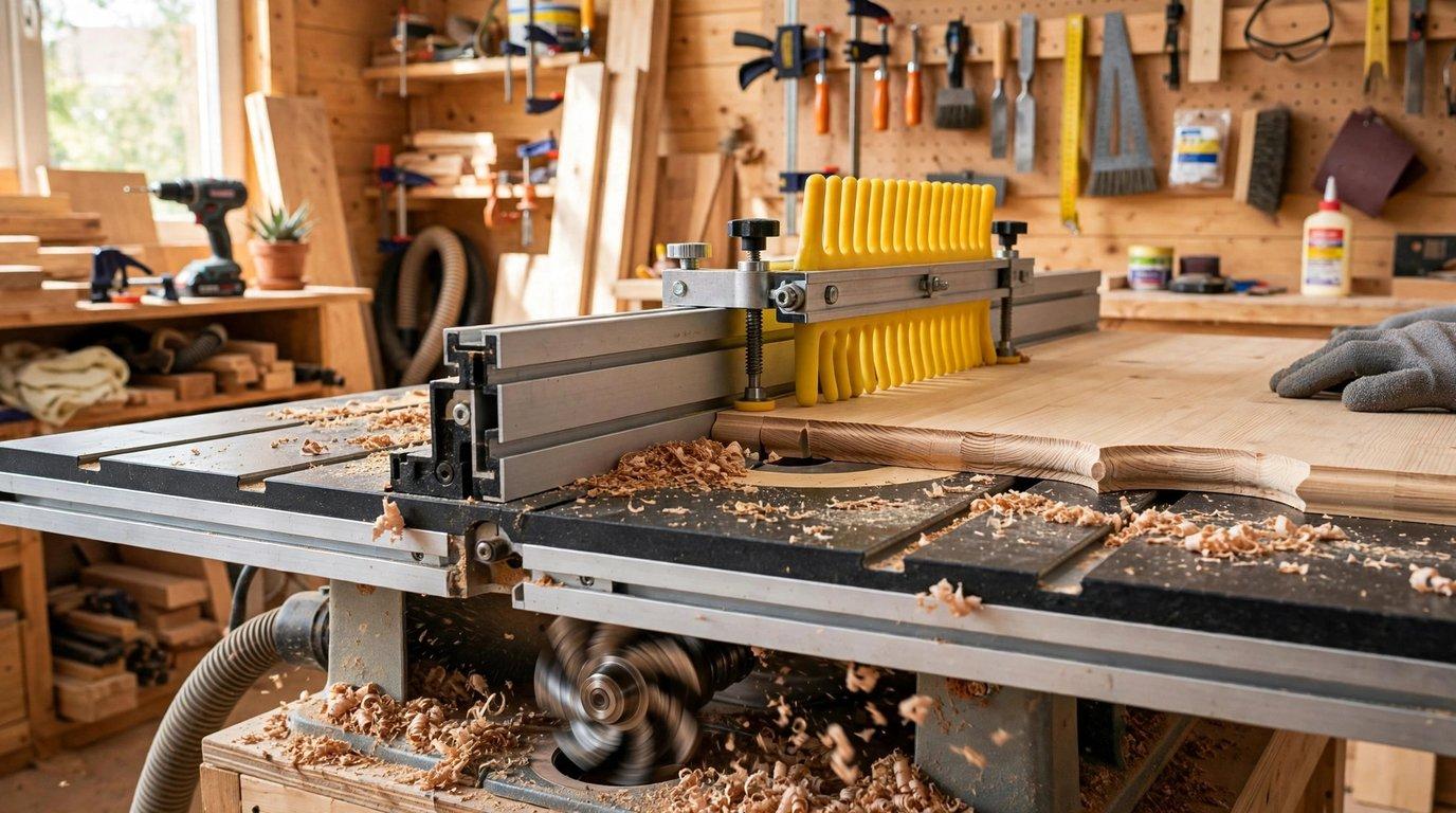 A router table set up in a home workshop with a board guided past the spinning bit