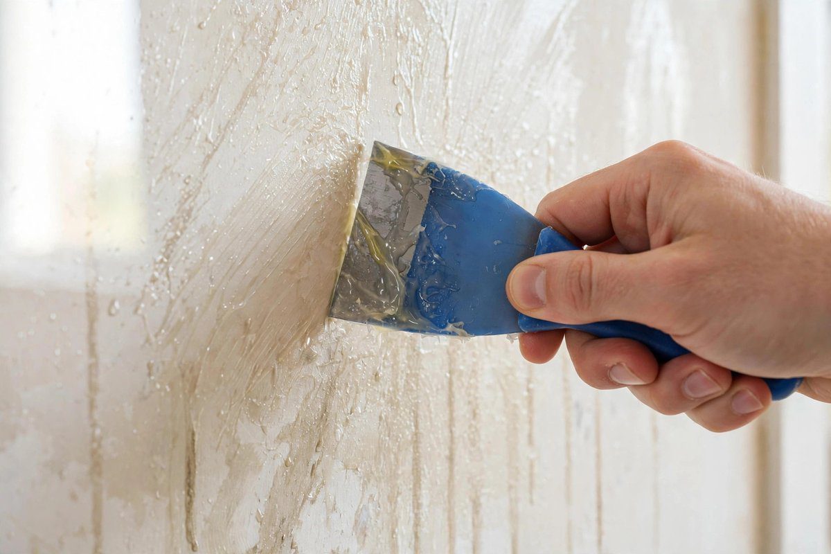How to Remove Wallpaper Glue (2026 Guide): Easy Methods for Clean Walls 2 Scraping softened wallpaper glue off a wall with a plastic putty knife