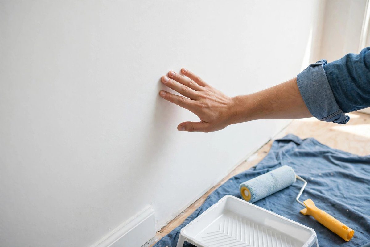 How to Remove Wallpaper Glue (2026 Guide): Easy Methods for Clean Walls 3 A hand checking a clean smooth wall for leftover wallpaper glue residue