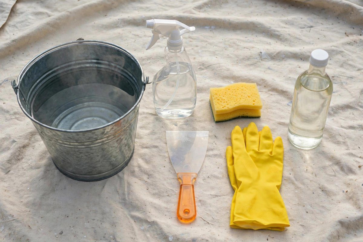 How to Remove Wallpaper Glue (2026 Guide): Easy Methods for Clean Walls 1 Bucket of hot water, sponge, spray bottle, putty knife, and gloves for wallpaper glue removal